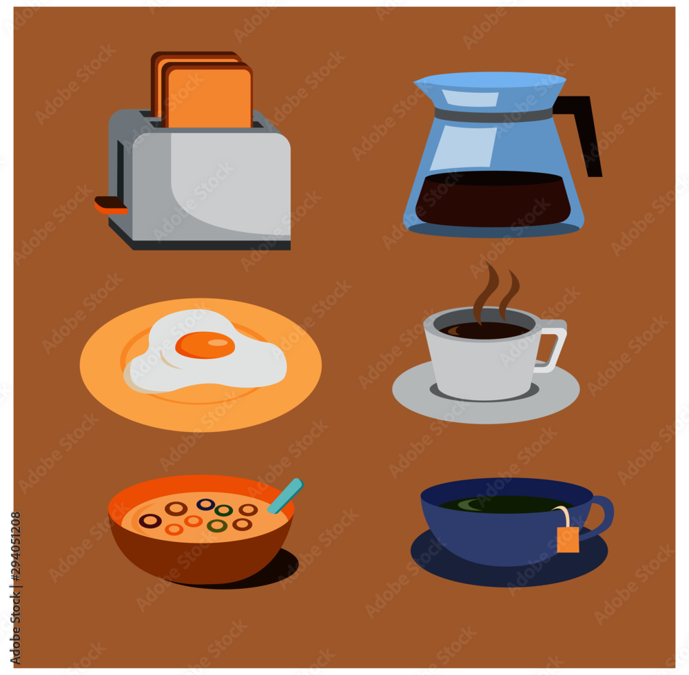 breakfast icon set, toaster, coffe, cereal, tea flat icon illustration vector breakfast icon set, toaster, coffe, cereal, tea flat icon illustration vector
