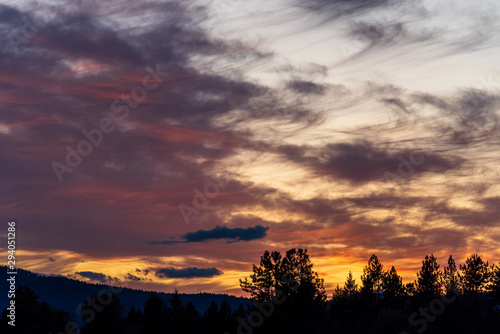 Sunset with cloudy sky  silhouette of trees  cirrus clouds  blues  oranges and pinks  nature background