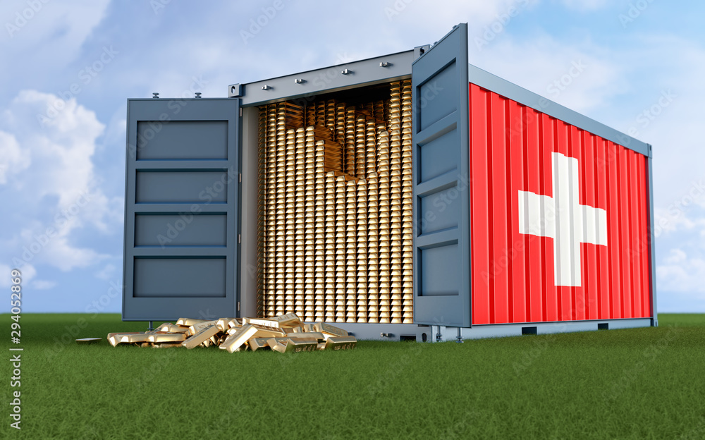 Obraz premium Freight Container with Swiss flag filled with Gold bars. Some Gold bars scattered on the ground - 3D Rendering