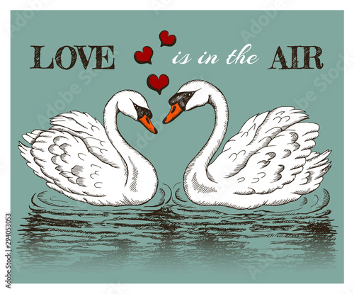 Vector illustration of sketch hand drawn poster Love is in the air with swans couple isolated on blue background. Romantic swan bird, Valentine's day card, vintage animals