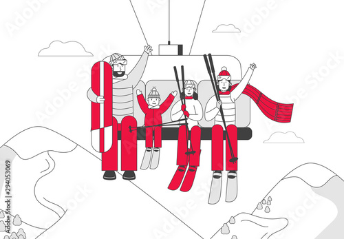 Skiers and Skateboarder Family of Parents and Kids Go Up Hill on Rope Funicular Having Fun on Resort. Winter Vacations Activity. People Rise Mountain Elevator Cartoon Flat Vector Illustration Line Art