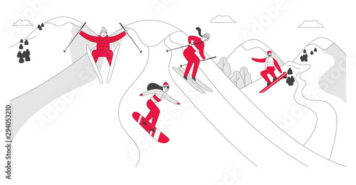 Wintertime Activity. Young People in Sportive Costumes Going Downhill by Skis and Skateboards at Winter Time Resort. Outdoors Leisure and Sports Sparetime. Cartoon Flat Vector Illustration, Line Art