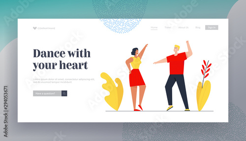 People Nightlife Clubbing Website Landing Page. Couple Visiting Night Club Dancing and Jumping under Stroboscope Lighting. Friends Having Fun Leisure Web Page Banner. Cartoon Flat Vector Illustration