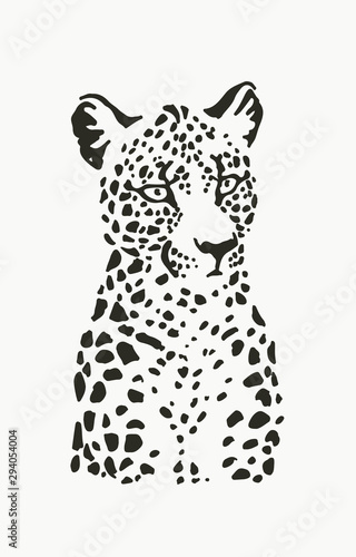 Vector illustration of leopard portrait in linocut style. Hand drawn sketch of stylized jaguar for print. Details of animal fur and muzzle