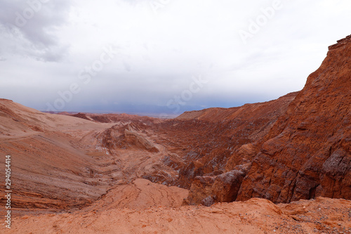 View of the landscape of the Atacama Desert. The rocks of the Mars Valley (Valle de Marte) and Cordillera de la Sal, Atacama Desert, Chile