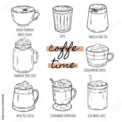 vector printable hand drawn line illustration with set of isolated cup of coffee drinks. Contains coffee, latte, mocha, cappuccino and others for banners, colorbooks