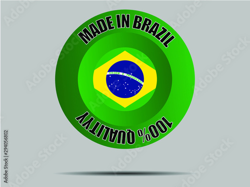 Brazil National flag inside Big red made in button. Original color and proportion. vector illustration, from world countries set. Isolated on gray background