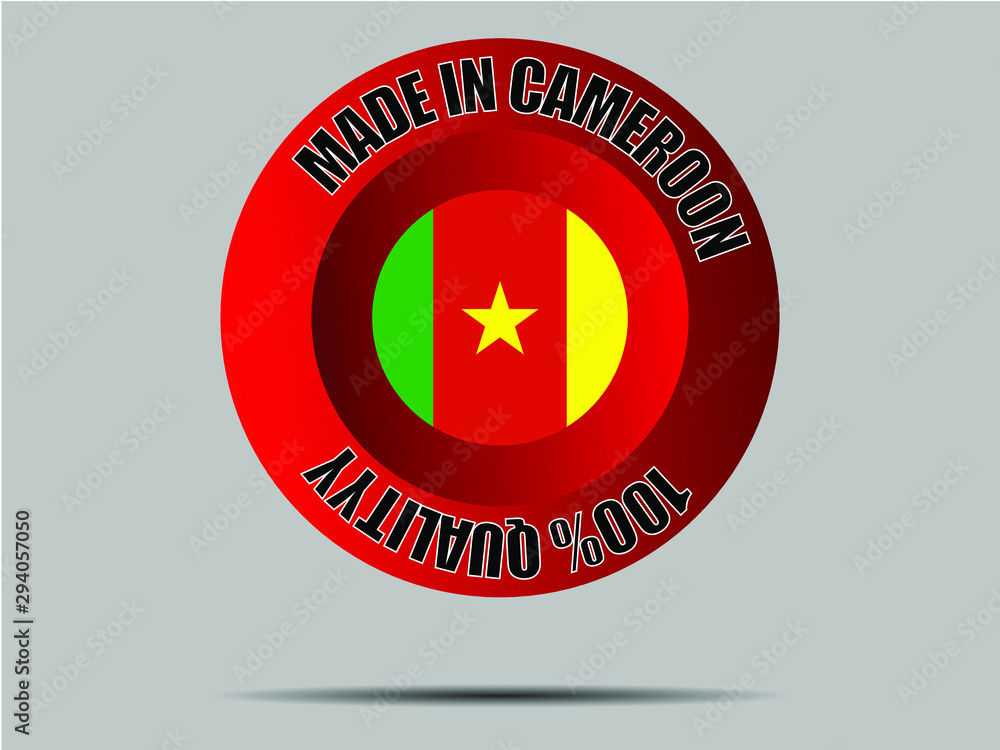Cameroon National flag inside Big red made in button. Original color and proportion. vector illustration, from world countries set. Isolated on gray background Cameroon National flag inside Big red made in button. Original color and proportion. vector illustration, from world countries set. Isolated on gray background