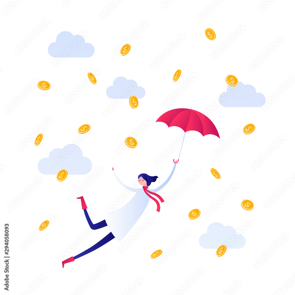 Vector flat autumn sale people illustration. Female with umbrella in coat and scarf flying in money rain isolated on white background. Design element for banner, poster, web, inforgraphics, leaflet.