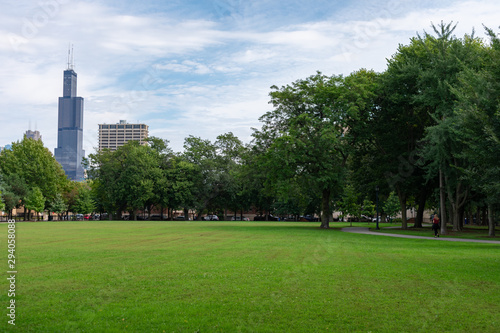 Open Green Space at a Park in University Village Chicago looking towards Downtown