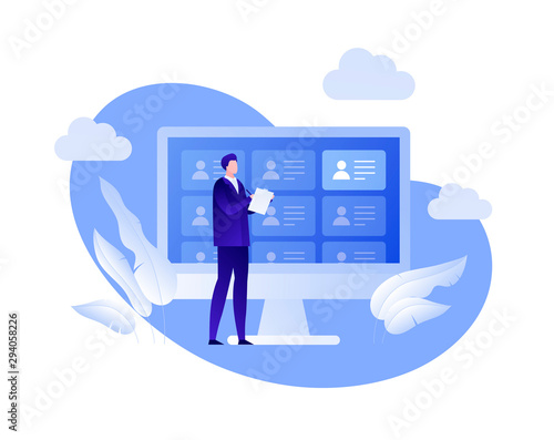 Vector flat business human resources people illustration. Businessman on computer screen with cv icons background. Concept of online hr services. Design element for banner, poster, infographics