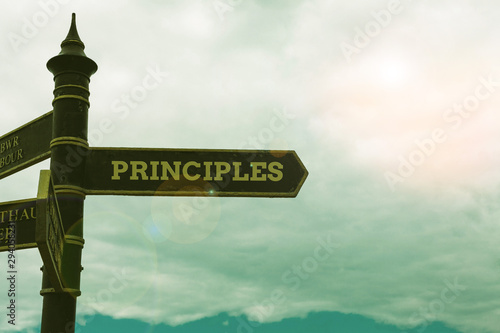 Conceptual hand writing showing Principles. Concept meaning fundamental truth that serves as the base for a system of belief Road sign on the crossroads with blue cloudy sky in the background