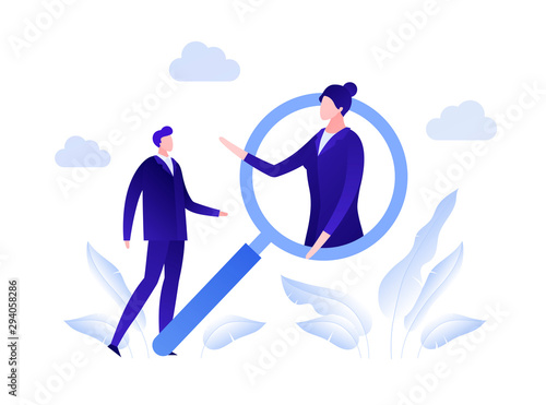 Vector flat business human resources people illustration. Businessman with magnifier looking at businesswoman. Concept of hr audit. Design element for banner, poster, infographics © tasty_cat