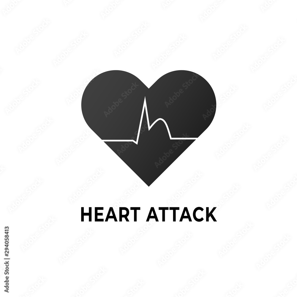 Vector flat heart attack icon illustration. Black heart with heartbeat pulse isolated on white. Concept of cardiovascular diseases, infraction, health. Design logo for hospital banner, inforgraphics Vector flat heart attack icon illustration. Black heart with heartbeat pulse isolated on white. Concept of cardiovascular diseases, infraction, health. Design logo for hospital banner, inforgraphics
