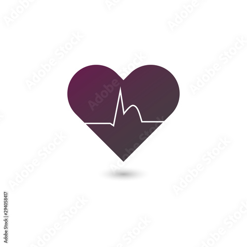 Vector flat heart attack icon illustration. Gradient purple to black heart with heartbeat isolated on white background. Concept of cardiovascular diseases, infraction. Design element