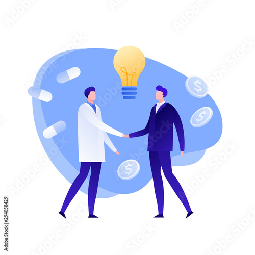 Vector flat business medicine person illustration. Male doctor and businessman handshake. Light bulb, coin and pill signs. Concept of research, health care. Design element for banner, poster, web.