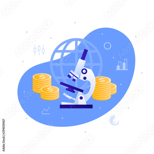 Vector flat business medicine science illustration. Microscope, money sign and finance icons. Concept of medical research, global health care. Design element for banner, poster, web, infographics.