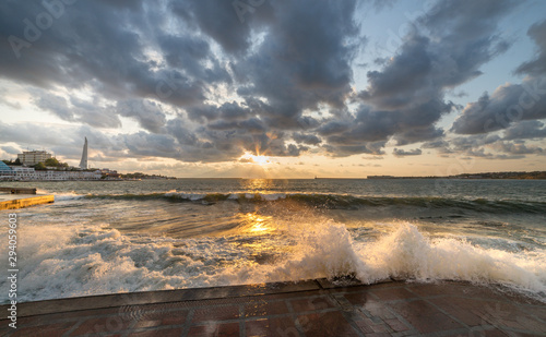 Stormy Sevastopol in Crimea. Monument to sunken ships