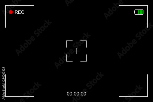 Camera frame viewfinder screen of video recorder, recording video screen, digital display interface. Camera viewfinder, rec icon with information and timing, video screen on a black background