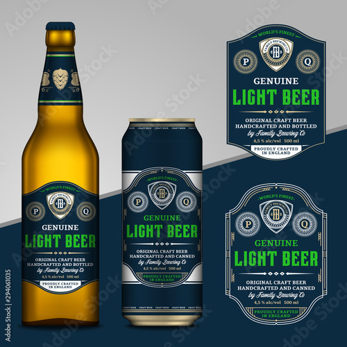 Vector blue and yellow beer labels. Realistic aluminum can and glass bottle mockups. Brewing company branding and identity design elements
