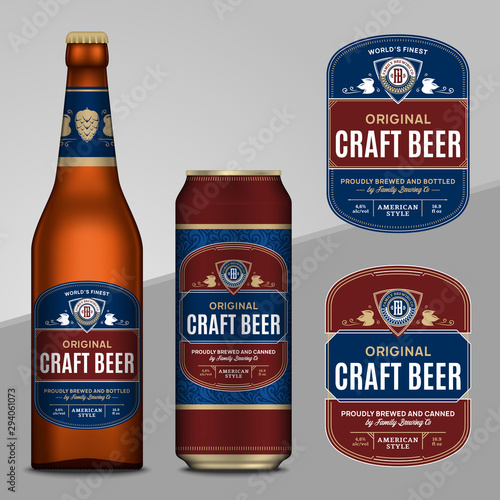 Vector blue and brown beer labels. Realistic aluminum can and glass bottle mockups. Brewing company branding and identity design elements