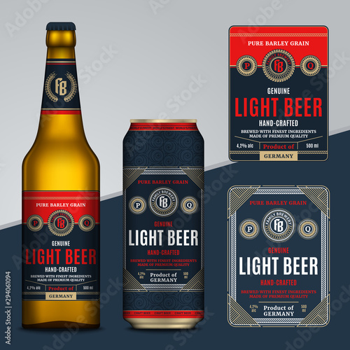 Vector blue and red beer labels. Realistic aluminum can and glass bottle mockups. Brewing company branding and identity design elements