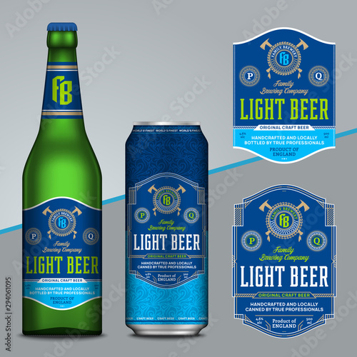 Vector blue and green beer labels. Realistic aluminum can and glass bottle mockups. Brewing company branding and identity design elements