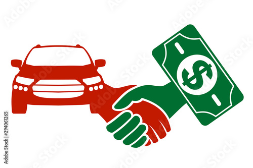 Buying a car or sales auto with handshake and banknote – stock vector