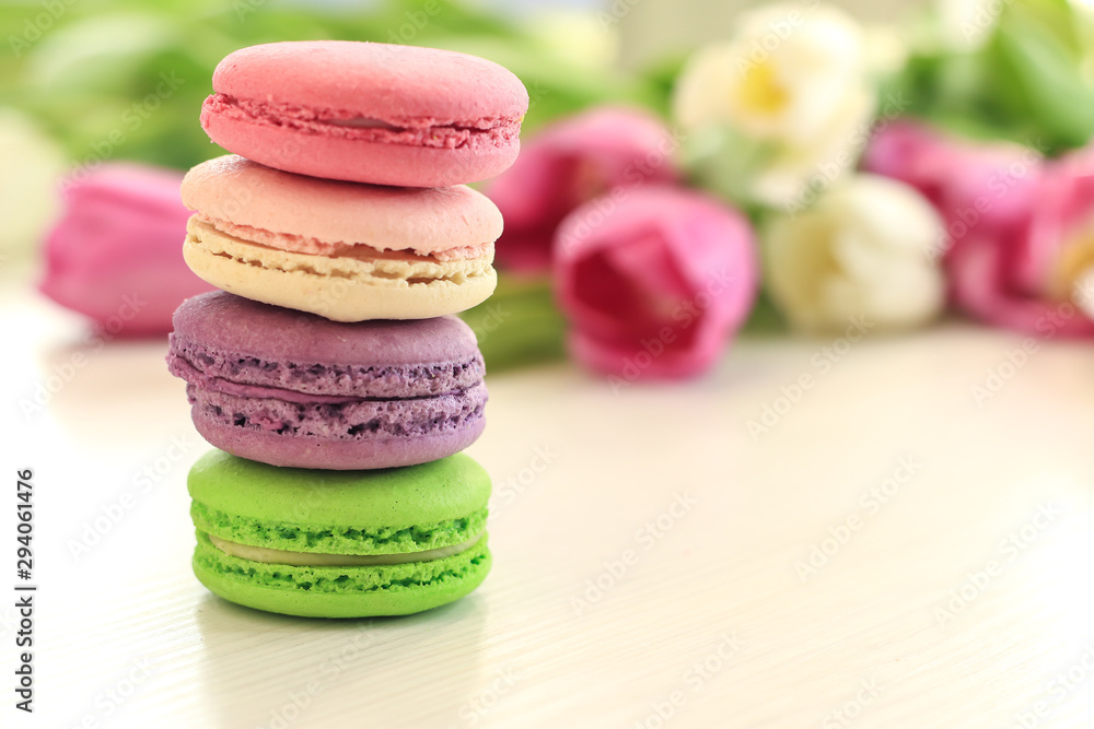 Fototapeta premium Tasty macarons on table, close up