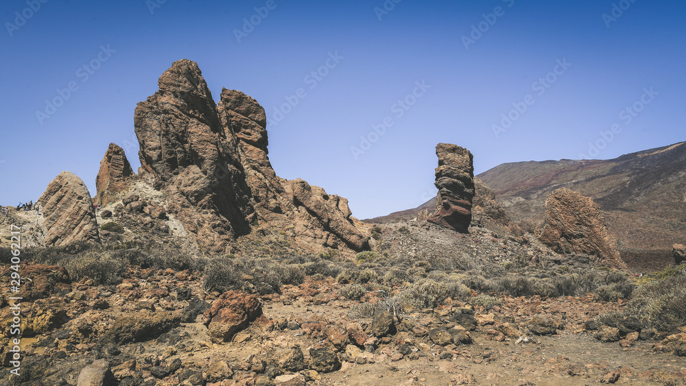 Panorama view of the Roque Cinchado, rock formation part of the Roques de García, Teide National Park. Rocks of volcanic origin, natural monument of the Tenerife island, Canary Islands in Spain.