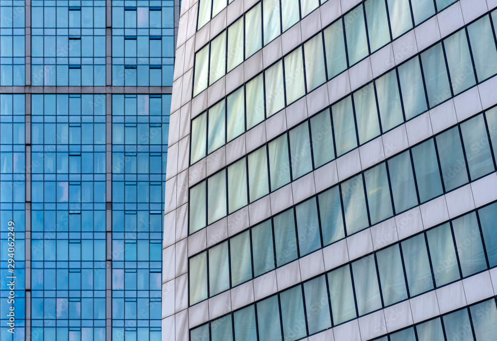 Modern day Ivory Towers: the gleaming facades of office building towers in the financial center of a city