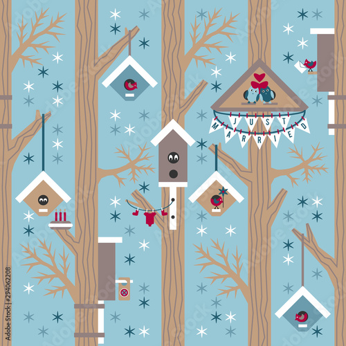 Vector humorous seamless pattern with diverse birdhouses and birds