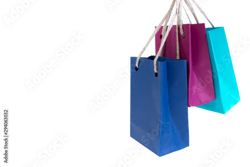 Paper shopping bags with handles on white background. Mockup for design. black friday, sale