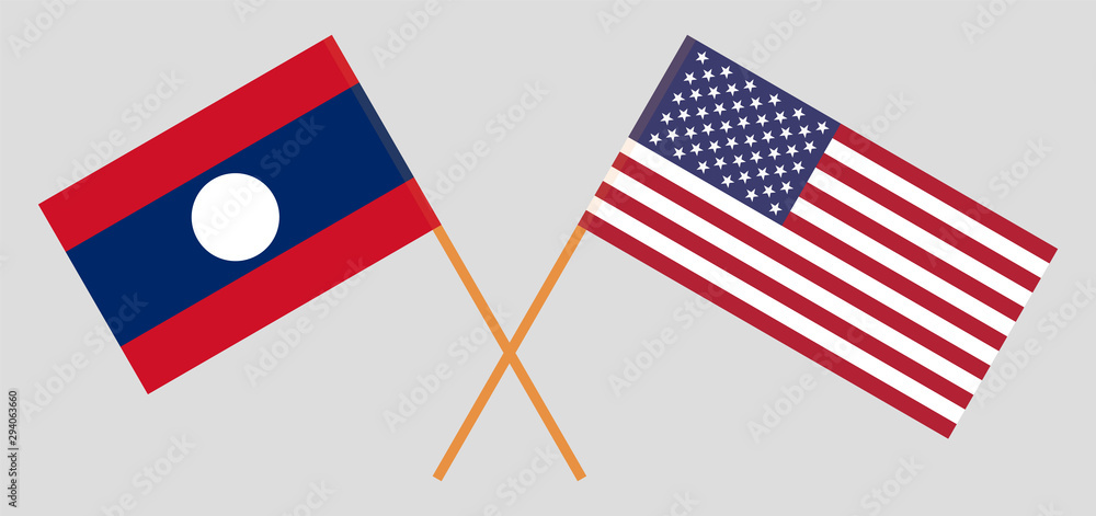 Laos and USA. Crossed Laotian and United States of America flags Laos and USA. Crossed Laotian and United States of America flags