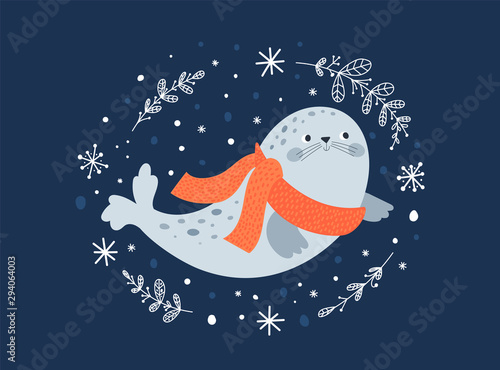 Happy sea fur seal isolated on dark background. Adorable ocean animal with floral ornament and snowflakes. Childish vector illustration in flat style. For card, poster, decoration, print and textile. photo