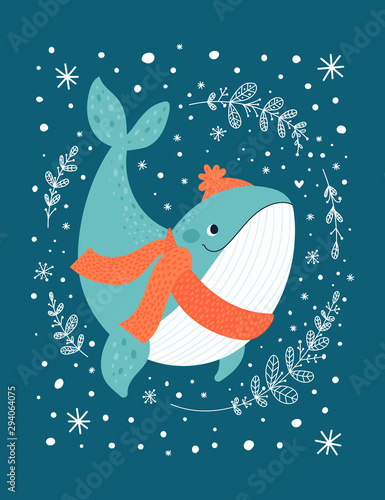 Happy sea whale isolated on dark background. Adorable ocean animal with floral ornament and snowflakes. Childish vector illustration in flat style. For card, poster, decoration, print and textile.