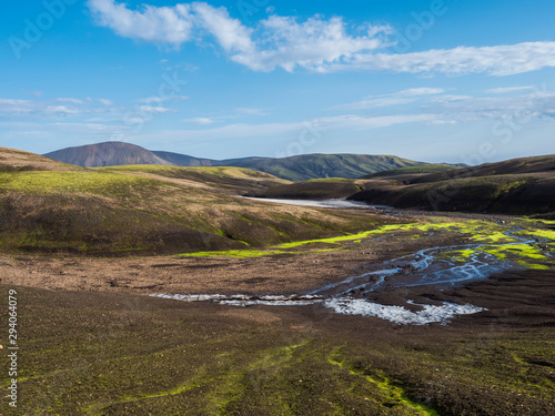 Colorful Rhyolit mountain panorma with snow fiields and multicolored volcanos in Landmannalaugar area of Fjallabak Nature Reserve in Highlands region of Iceland