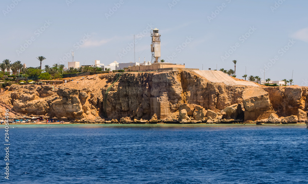 Lighthouse Red sea Sinai mountains panoramic landscape in Egypt