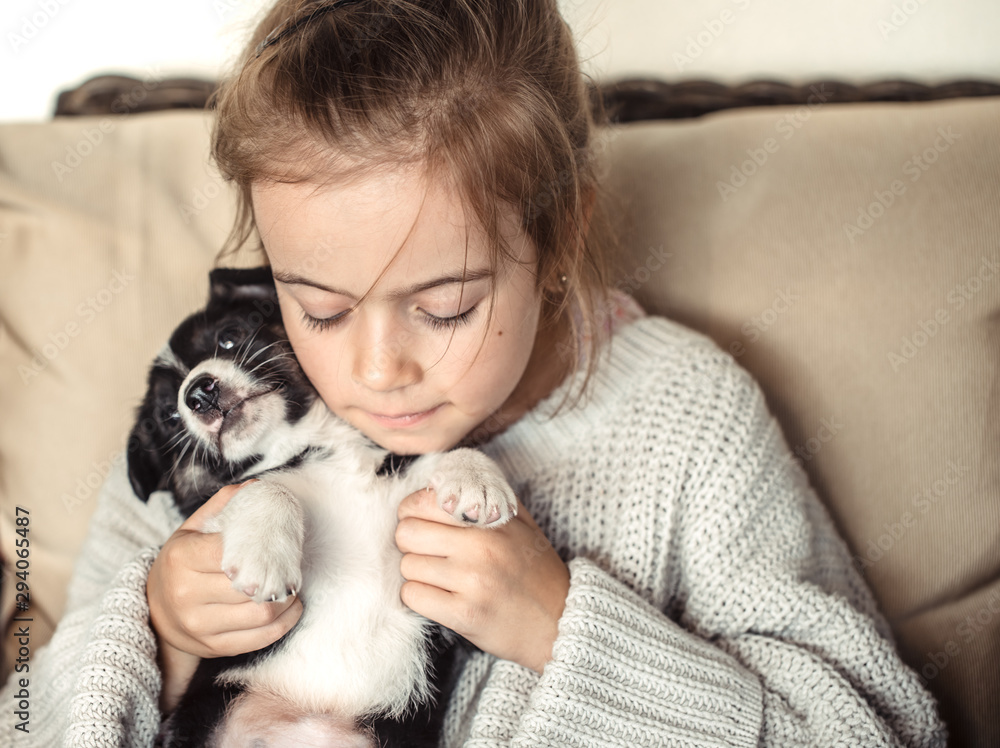 A little girl holding a puppy in her hands . A little girl holding a puppy in her hands .
