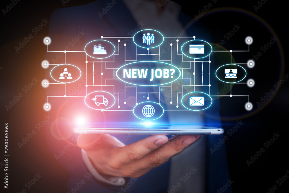 Word writing text New Job Question. Business photo showcasing asking if a demonstrating got regular work to earn money Male human wear formal work suit presenting presentation using smart device Word writing text New Job Question. Business photo showcasing asking if a demonstrating got regular work to earn money Male human wear formal work suit presenting presentation using smart device