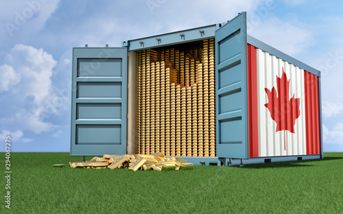 Freight Container with Canada flag filled with Gold bars. Some Gold bars scattered on the ground - 3D Rendering
