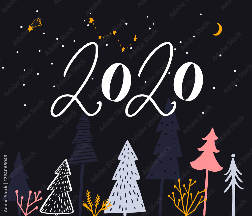 Naklejka premium 2020 year text, different numbers lettering inscription and illustration of Christmas trees. Night background with stars, winter forest greeting card.