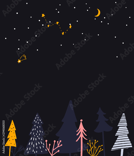 Winter wonderland illustration. Night forest  place for greeting text and seasonal event invitation.