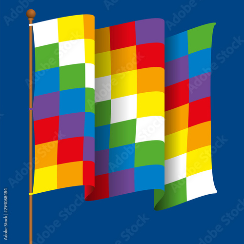 Wiphala is the flag of the Andean nation and the Aymara people. It is a quadrangular Andean symbol, it represents equality and harmony. Waving flag has the colors of the rainbow. Vector image photo