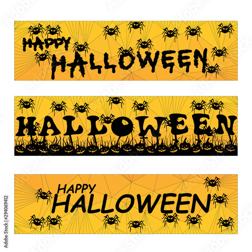 Set of three banners for Halloween composed of triangles. Vector polygonal color graphic illustration.