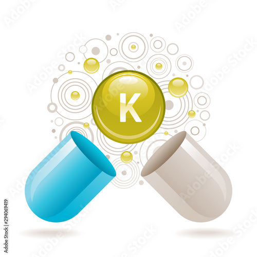 Mineral vitamin Potassium supplement for health. Capsule K element icon, healthy diet symbol. 3d color ball isolated on white background. Trendy vector illustration, medical minerals supply concept