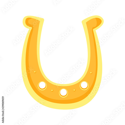 Golden horseshoe cartoon isolated object. Lucky talisman symbol.