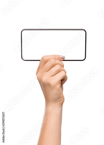 Woman demonstrating blank smartphone screen in horizontal orientation