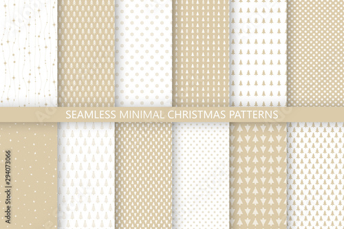 Collection of gold minimal seamless Christmas patterns. Christmas and New Year design. Vector illustration with trees, snowflakes and stars