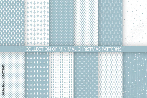 Collection of blue minimal seamless Christmas patterns. Christmas and New Year design. Vector illustration with trees, snowflakes and stars